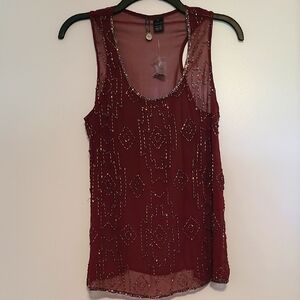 BKE Beaded Burgundy Sleeveless Mesh Top